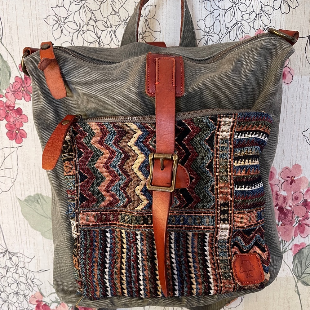 Cute, BoHo style leather and canvas backpack.